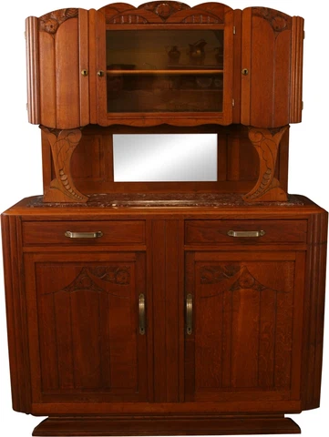1920 Buffet Art Deco/MidCentury Modern Carved Oak, Mirror, Glass Door Cover