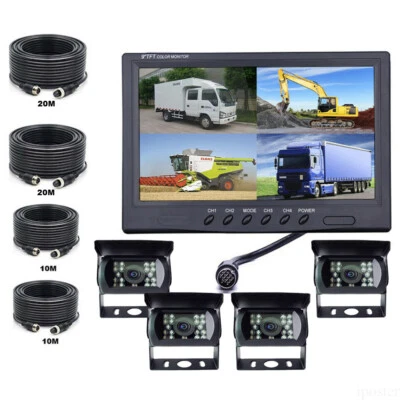 9'' Quad Monitor 4x Backup Rear View Camera 2x 10m +2x 20m 12-24V For Truck RV - Image 1 of 4