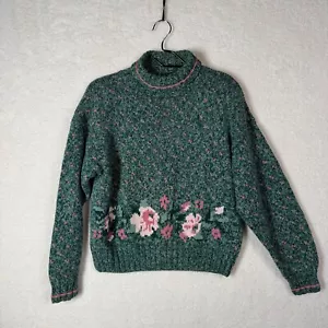 Paris Sport Club Vintage Sweater Womens M Green Pink Floral 90s Preppy Collared - Picture 1 of 7