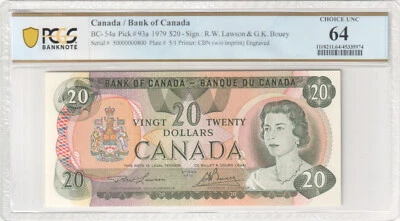 1979 50000000800 Bank of Canada BC-54a $20 Note PCGS 64 PPQ CUNC Top 2/2 - Image 1 of 2