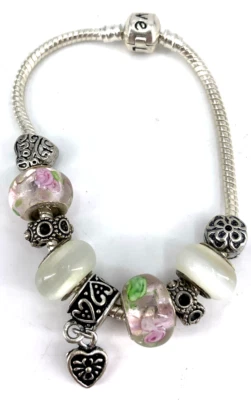 Sterling Silver Charm Bracelet Love Heart Glass Beads 7.5" - Image 1 of 4