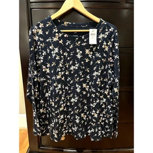 J Jill 100% Pima Cotton Crew Neck Long Sleeve Tee Shirt Floral Navy Retail $44 - Picture 1 of 6