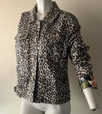 TOMMY BAHAMA TWO PALMS LAGOON LEOPARD 100% LINEN RAW EDGE FLIP CUFF JACKET Large - Image 1 of 4