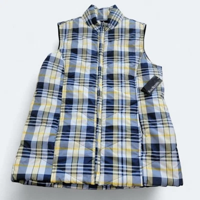 NUEVO Chaleco acolchado Kim Rogers Harbor azul marino a cuadros talla pequeña azul y amarillo Foto 1 de 4