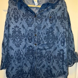 Damask Print Denim Button Down Shirt Roll Tab Long Sleeve - Picture 1 of 6