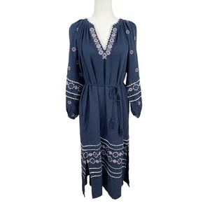 Madewell Embroidered Neck-Tie Midi Dress Boho Peasant Dark Baltic Sz Medium NEW - Picture 1 of 17