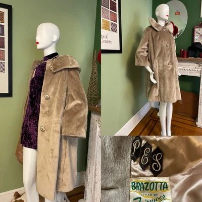 Vintage MCM Brazotta Faux Fur  Golden Brown Swing Velvety Coat 3/4 Slvs L X 48 - Image 1 of 4