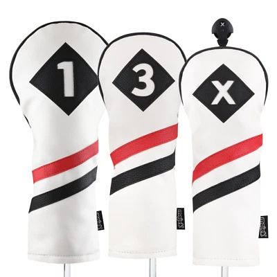 Majek Retro Golf 1 3 X Driver & Woods Headcover White Red Black Leather Style - Image 1 of 4