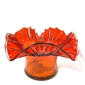 Blenko Amberina Red Orange Glass Ruffled Rim Hat Vase - Picture 1 of 7