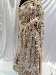 3D Flower Embroidery Lace Champagne Beaded Fabric By The Yard Wedding Dress - Picture 1 of 12