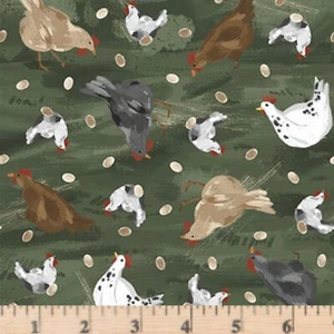 Rise With The Sun Green Chickens Farm Cotton Fabric by half yard - Picture 1 of 3