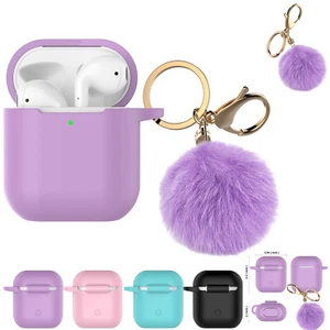 Airpods Silicone Charging Case Cover Fur Ball Keychain For Apple AirPods 3 2 1 - Picture 1 of 29