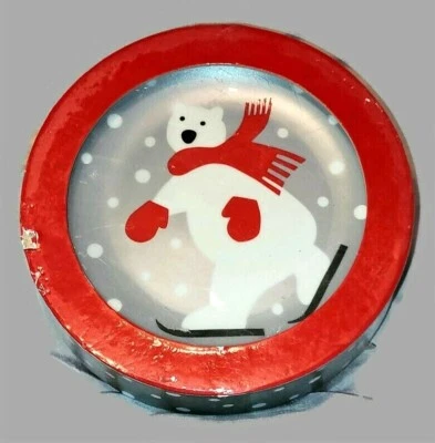 Crate & Barrel Polar Bear on Skis Dessert Plates Red & White Box Set 4 - Image 1 of 4