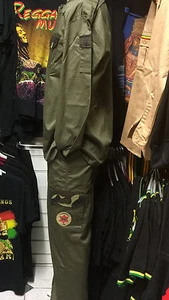 RASTA STYLE ARMY GREEN JACKET & TROUSERS SUIT WITH RED YELLOW GREEN PATCHES - Picture 1 of 3