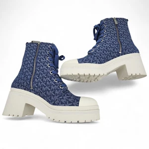 Michael Kors Corey Combat Boots Womens 10M Blue Denim MK Logo Lace Up Heels EUC - Picture 1 of 14