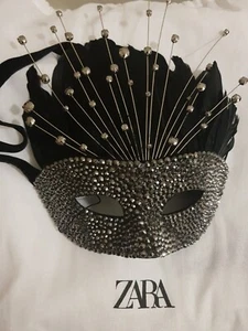 Zara Rhinestone feather mask rigid mask with rhinestones phantom of the opera - Picture 1 of 6