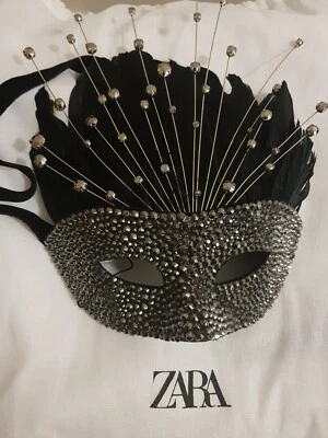 Zara Rhinestone feather mask rigid mask with rhinestones phantom of the opera - Image 1 of 4