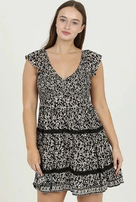 Angie Women’s Black Tiered Floral Mini Dress Flutter Sleeves Size Medium - Image 1 of 4