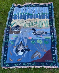 Vtg L.L. Bean Claire Murray Tapestry Throw Blanket Loon Water Lily Fish Lake USA - Picture 1 of 3
