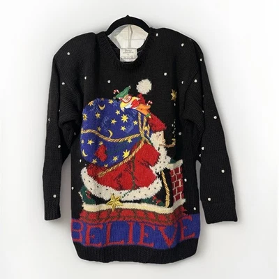 Suéter de Navidad de Colección Marisa Christina Tejido a Mano S Jingle Bells Santa Believe Foto 1 de 4