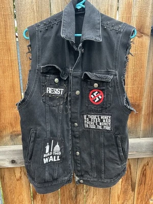 Винтажный джинсовой ткани отбеленный дизайн панк битвы куртка стартер женщин средний - Изображение 1 из 2