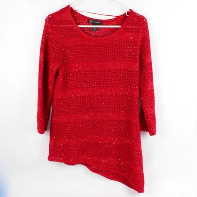 International Concepts Women's L Crochet Sequined Red Asymmetric Sweater Top - Image 1 of 4