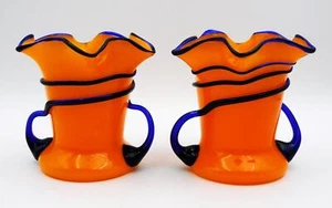 Pair of ART DECO Czech **TANGO VASES** Orange with Blue Trailing 12cm H - Exc - Picture 1 of 10