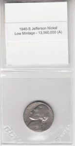 1946-S Jefferson Nickel San Francisco Low Mintage 13,560,000 - Imagen 1 de 2