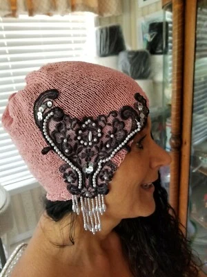 1920s Pink Hat with Black Lace White Sequins Beads, Flapper 1920s Hat, New 2021 - Image 1 of 4
