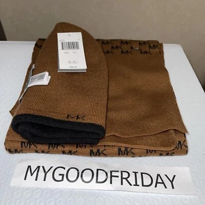 Michael Kors Small MK logo Scarf & Reversible Beanie Hat Set - Camel Brown/Black - Picture 1 of 5