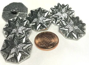6 Octagonal 8-Pointed Star Shiny Silver Tone Metal Shank Buttons 7/8" 22mm 12608 - Picture 1 of 3