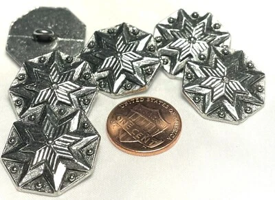 6 Octagonal 8-Pointed Star Shiny Silver Tone Metal Shank Buttons 7/8" 22mm 12608 - Image 1 of 3