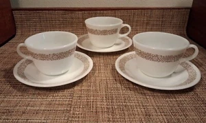 Set Of 3 Corelle/Pyrex WOODLAND BROWN Milk Glass Cups and Saucers - Picture 1 of 7