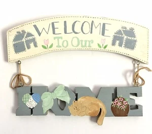 Welcome to Our Home Wooden Sign Vintage Country Blue Hand Painted Wall Decor - Picture 1 of 6