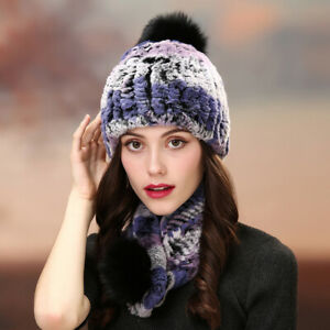  Womens Real Rex Rabbit Fur Scarf Hat Set knitted Cap Collar Shawl Beanie Snood 