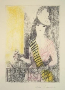 MARIE LAURENCIN signiert 1925 Original Farbradierung - "Jeune fille au balcon" - Bild 1 von 2