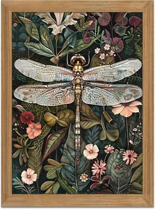 Framed Vintage 3D Textured Wall Art - Dark Green Dragonfly Flowers Wall Decor - - Picture 1 of 12