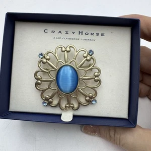 Crazy Horse Liz Claiborne Pretty Goldtone Blue Cat's Eye Rhinestone Brooch Pin - Picture 1 of 5