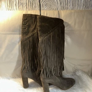 Vtg Fringe Boots 6 6.5 Tall INC International C taupe genuine suede stud heels - Picture 1 of 12