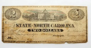 1863 $2 The State Bank of North Carolina, Plain Reverse, Raleigh, Circulated - Picture 1 of 6