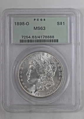 Серебряный Моргановский доллар 1898 - O монета США PCGS с зеленой этикеткой сертифицированный MS63 US$1 - Изображение 1 из 4