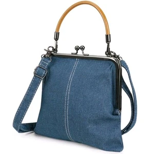 Women Denim Handbag Crossbody Bag Kiss Lock Clasp Purses Phone Bag Jeans Bag - Picture 1 of 6