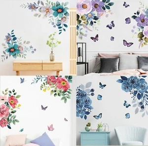 Floral Wall Decal Stickers Botanical Flowers Butterflies Corner Wall Decor Decal - Picture 1 of 45