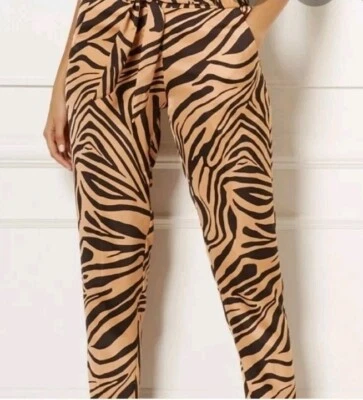 Ny & Co Eva Mendes Tiger Animal Print Pants Slacks Tan/Black w/Belt Tie Sz M NEW - Image 1 of 4