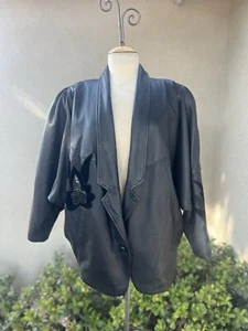 Vtg 80s Oversize Leather Black Jacket Floral Sz M Pocket Lined - Picture 1 of 11