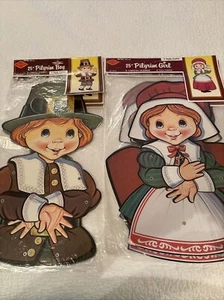 VTG 1986 Beistle Thanksgiving Die Cut Decorations Jointed Pilgrim 25" Girl & Boy - Picture 1 of 10