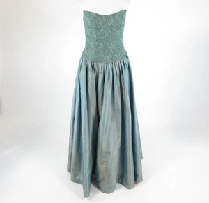 Bluish green 100% silk HELEN MORLEY beaded trim strapless ball gown dress 10 - Picture 1 of 8