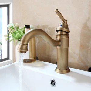Antique Brass Bathroom Basin Faucet Flower Carved Vessel Sink Mixer Tap Drainer - Picture 1 of 12