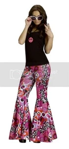 Womens Adult The Groovy 60s Pink Flower Mod Hippie Bell Bottom Costume Pants - Picture 1 of 1