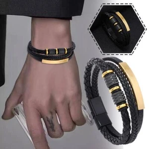 Men Retro Punk Titanium Steel Leather Multilayer Braided Magnetic Rope M7A6 E6K6 - Picture 1 of 11